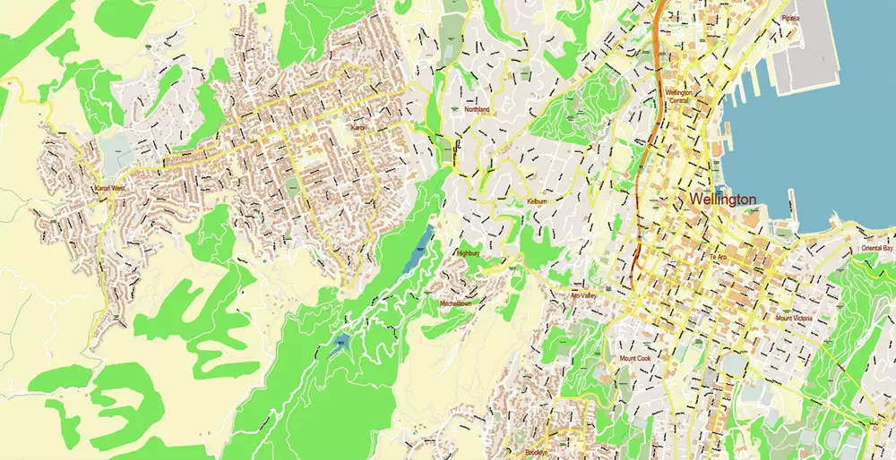 Wellington New Zealand PDF Vector Map: Exact High Detailed City Plan editable Adobe PDF Street Map in layers