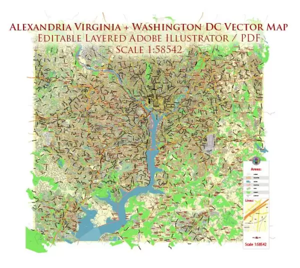 Alexandria Virginia + Washington DC US Map Vector Low Detailed (for small print size) City Plan editable Adobe Illustrator Street Map in layers