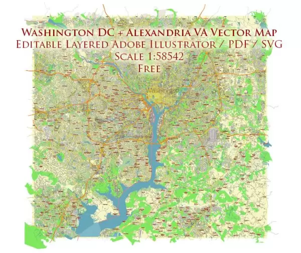 Washington DC + Alexandria VA Vector Map Free Editable Layered Adobe Illustrator + PDF + SVG