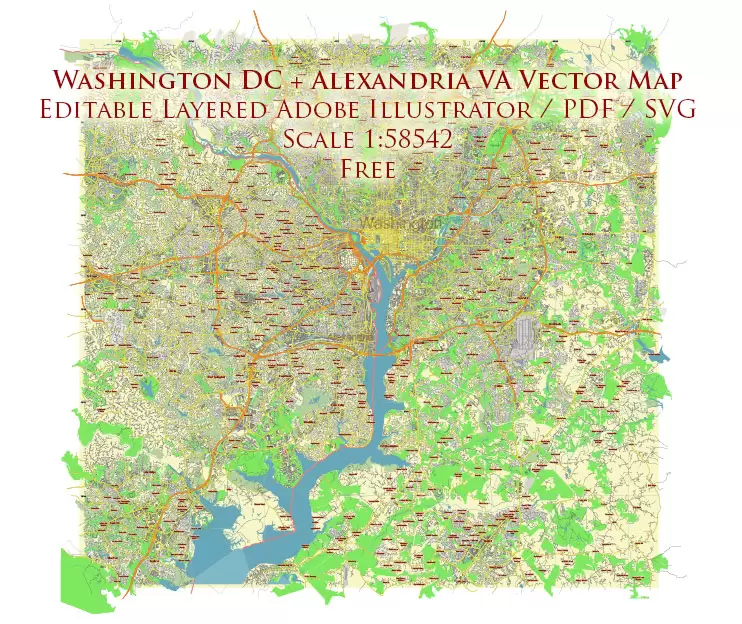 Washington DC + Alexandria VA Vector Map Free Editable Layered Adobe Illustrator + PDF + SVG