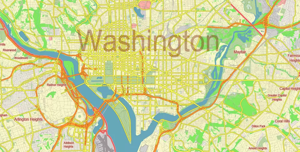 Washington DC + Alexandria VA Vector Map Free Editable Layered Adobe Illustrator + PDF + SVG