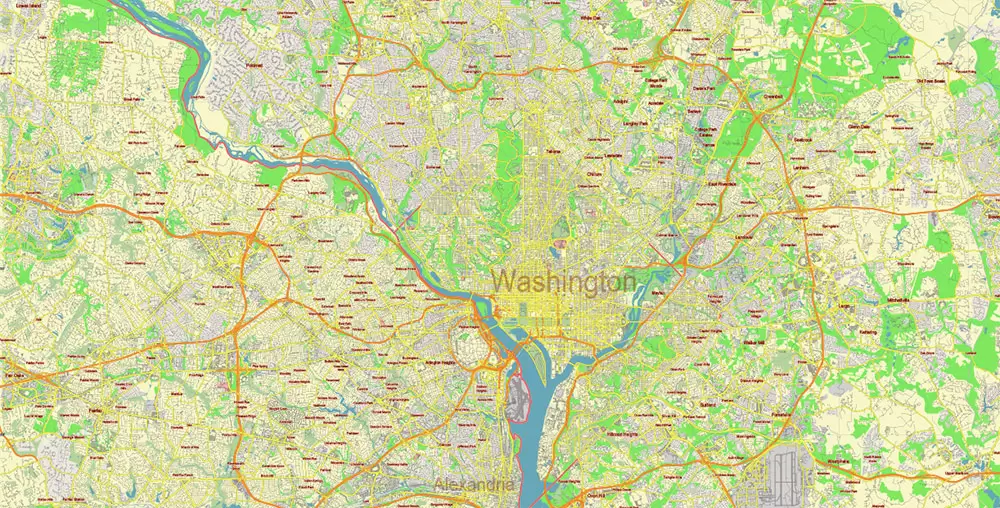 Washington DC + Alexandria VA Vector Map Free Editable Layered Adobe Illustrator + PDF + SVG