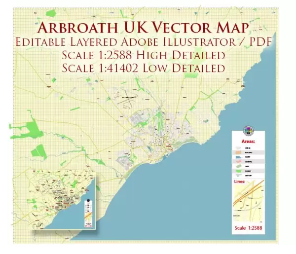 Arbroath UK Map Vector Exact High Detailed City Plan editable Adobe Illustrator Street Map in layers