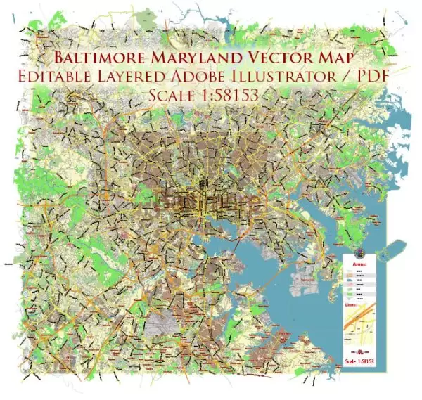 Baltimore Metro Area Maryland US Map Vector City Plan Low Detailed (for small print size) Street Map editable Adobe Illustrator in layers
