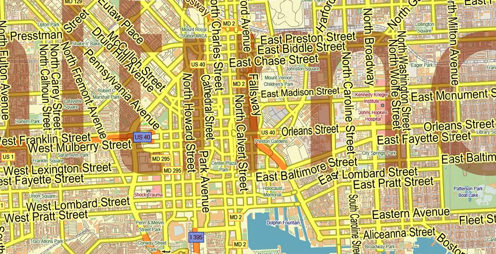Baltimore Metro Area Maryland US PDF Vector Map: City Plan Low Detailed (for small print size) Street Map editable Adobe PDF in layers