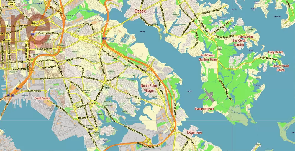 Baltimore Metro Area Maryland US PDF Vector Map: City Plan Low Detailed (for small print size) Street Map editable Adobe PDF in layers