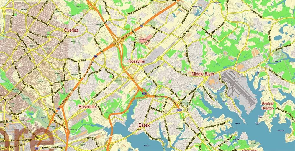 Baltimore Metro Area Maryland US PDF Vector Map: City Plan Low Detailed (for small print size) Street Map editable Adobe PDF in layers