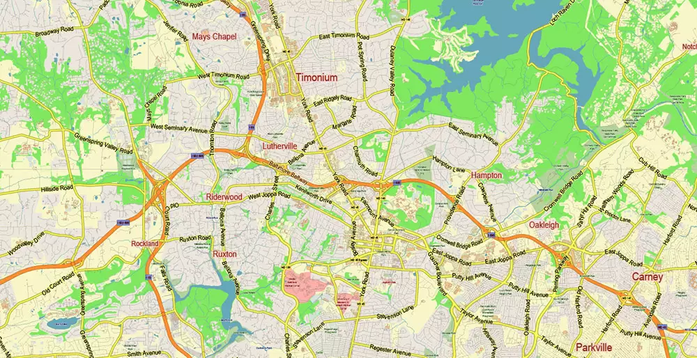 Baltimore Metro Area Maryland US PDF Vector Map: City Plan Low Detailed (for small print size) Street Map editable Adobe PDF in layers