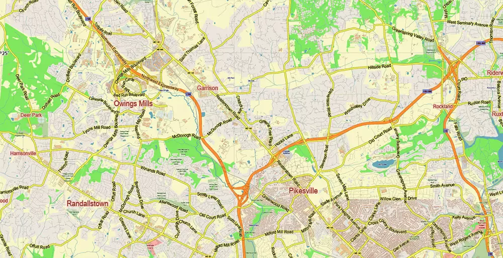 Baltimore Metro Area Maryland US PDF Vector Map: City Plan Low Detailed (for small print size) Street Map editable Adobe PDF in layers