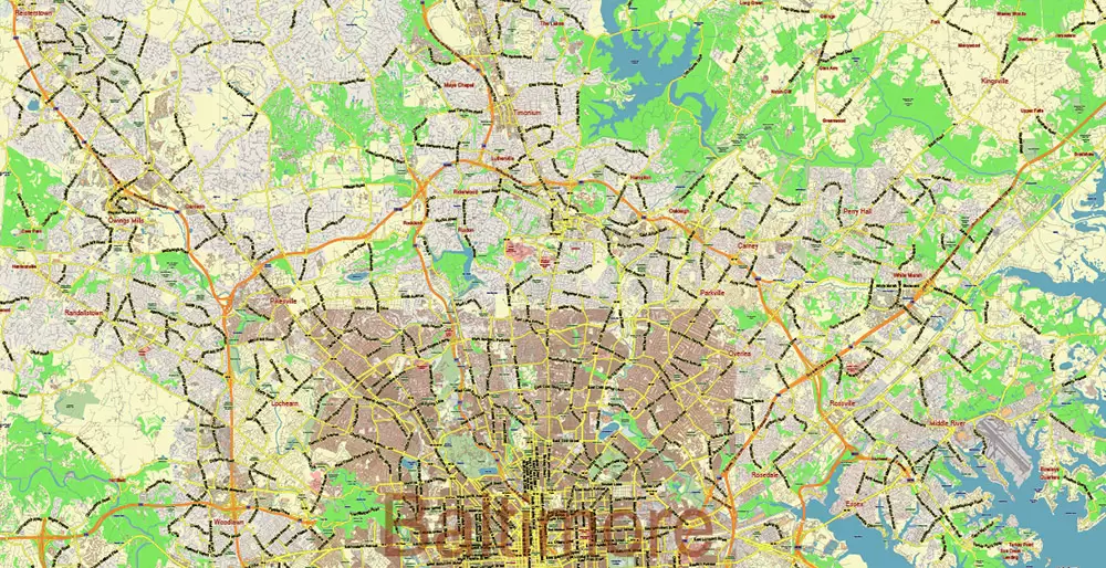 Baltimore Metro Area Maryland US PDF Vector Map: City Plan Low Detailed (for small print size) Street Map editable Adobe PDF in layers