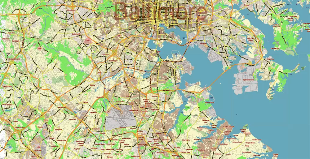 Baltimore Metro Area Maryland US PDF Vector Map: City Plan Low Detailed (for small print size) Street Map editable Adobe PDF in layers