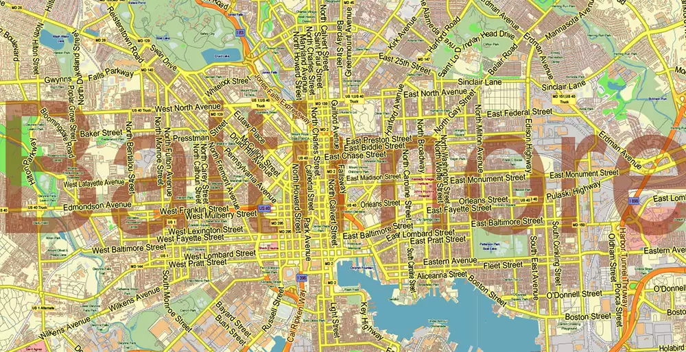 Baltimore Metro Area Maryland US PDF Vector Map: City Plan Low Detailed (for small print size) Street Map editable Adobe PDF in layers