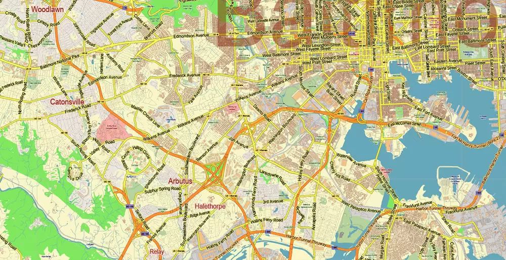 Baltimore Metro Area Maryland US PDF Vector Map: City Plan Low Detailed (for small print size) Street Map editable Adobe PDF in layers