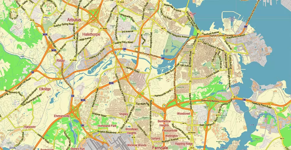 Baltimore Metro Area Maryland US PDF Vector Map: City Plan Low Detailed (for small print size) Street Map editable Adobe PDF in layers