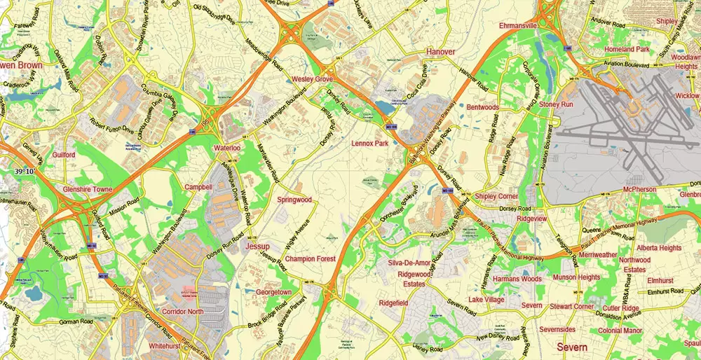 Baltimore Metro Area Maryland US PDF Vector Map: City Plan Low Detailed (for small print size) Street Map editable Adobe PDF in layers