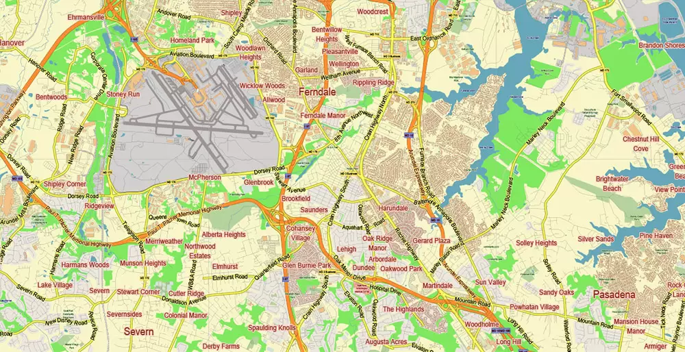 Baltimore Metro Area Maryland US PDF Vector Map: City Plan Low Detailed (for small print size) Street Map editable Adobe PDF in layers