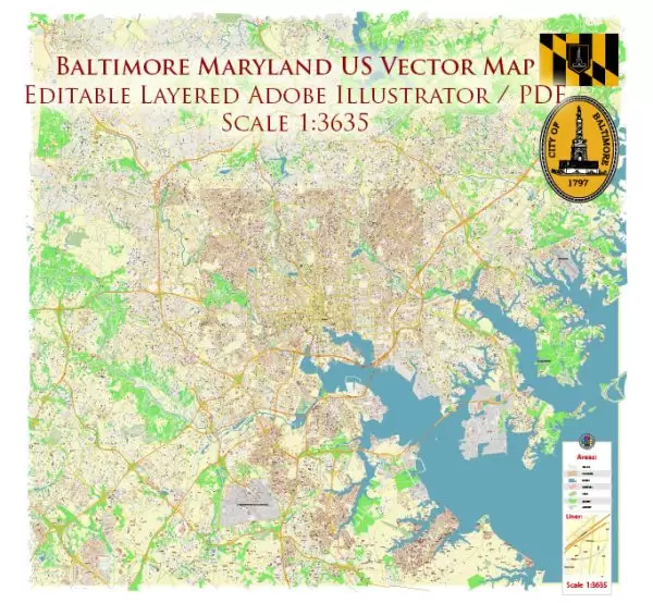 Baltimore Metro Area Maryland US Map Vector Exact High Detailed City Plan editable Adobe Illustrator Street Map in layers