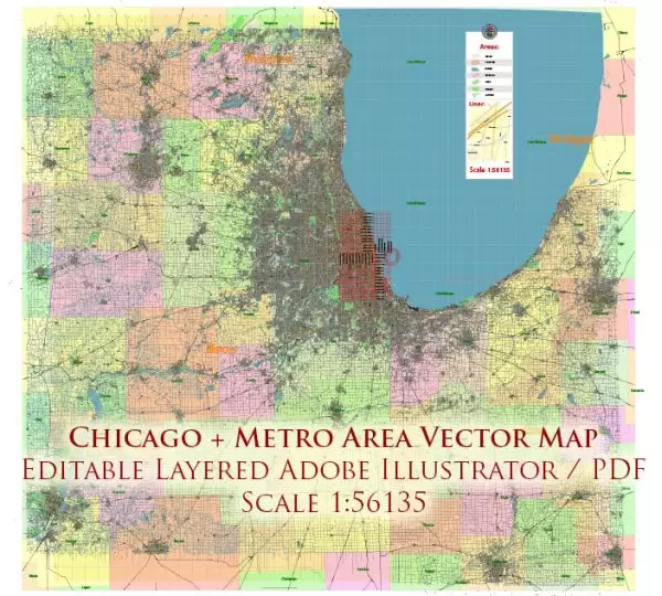 Chicago Illinois Metro Area US Vector Map: Full Extra High Detailed (all roads, railroads and railway stations, airports) + Counties Areas editable Adobe Illustrator in layers