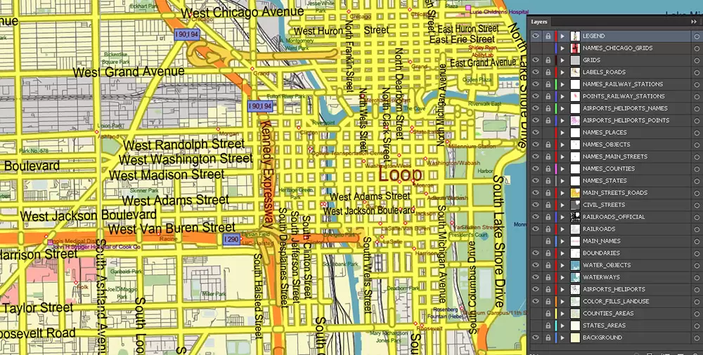 Chicago Illinois Metro Area US Vector Map: Full Extra High Detailed (all roads, railroads and railway stations, airports) + Counties Areas editable Adobe Illustrator in layers