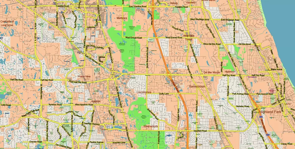 Chicago Illinois Metro Area US Vector Map: Full Extra High Detailed (all roads, railroads and railway stations, airports) + Counties Areas editable Adobe Illustrator in layers