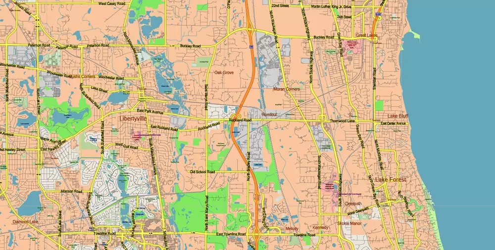 Chicago Illinois Metro Area US Vector Map: Full Extra High Detailed (all roads, railroads and railway stations, airports) + Counties Areas editable Adobe Illustrator in layers