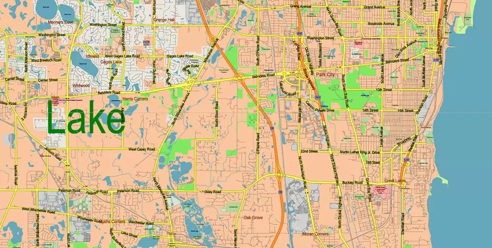 Chicago Illinois Metro Area US Vector Map: Full Extra High Detailed (all roads, railroads and railway stations, airports) + Counties Areas editable Adobe Illustrator in layers