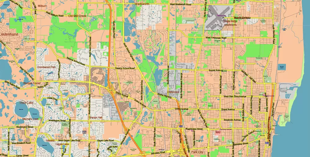 Chicago Illinois Metro Area US Vector Map: Full Extra High Detailed (all roads, railroads and railway stations, airports) + Counties Areas editable Adobe Illustrator in layers