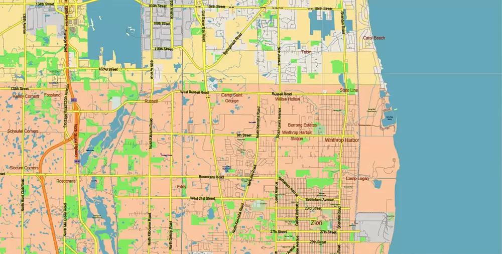Chicago Illinois Metro Area US Vector Map: Full Extra High Detailed (all roads, railroads and railway stations, airports) + Counties Areas editable Adobe Illustrator in layers