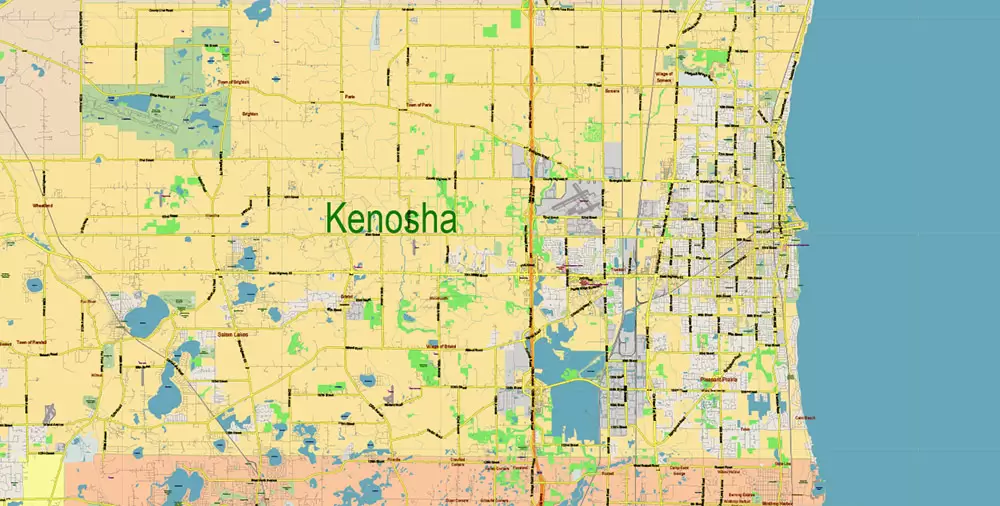 Chicago Illinois Metro Area US Vector Map: Full Extra High Detailed (all roads, railroads and railway stations, airports) + Counties Areas editable Adobe Illustrator in layers