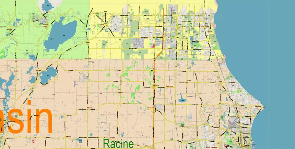 Chicago Illinois Metro Area US Vector Map: Full Extra High Detailed (all roads, railroads and railway stations, airports) + Counties Areas editable Adobe Illustrator in layers