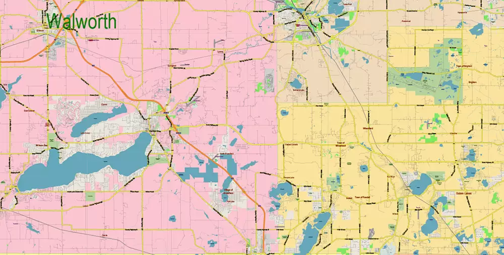 Chicago Illinois Metro Area US Vector Map: Full Extra High Detailed (all roads, railroads and railway stations, airports) + Counties Areas editable Adobe Illustrator in layers