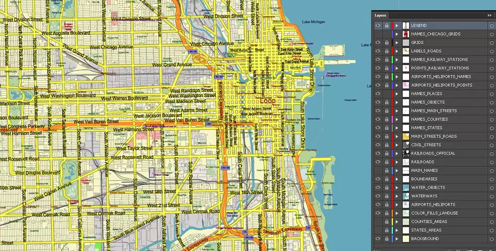 Chicago Illinois Metro Area US Vector Map: Full Extra High Detailed (all roads, railroads and railway stations, airports) + Counties Areas editable Adobe Illustrator in layers