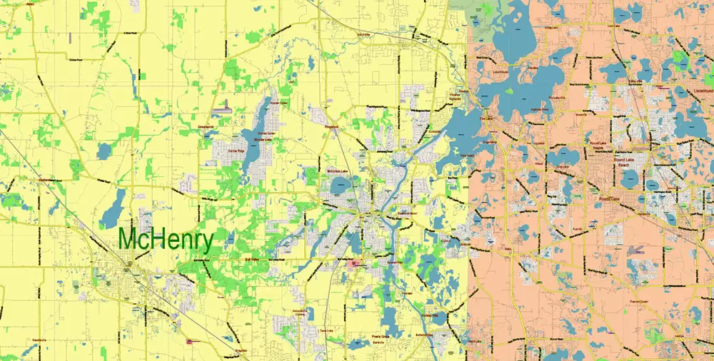 Chicago Illinois Metro Area US Vector Map: Full Extra High Detailed (all roads, railroads and railway stations, airports) + Counties Areas editable Adobe Illustrator in layers