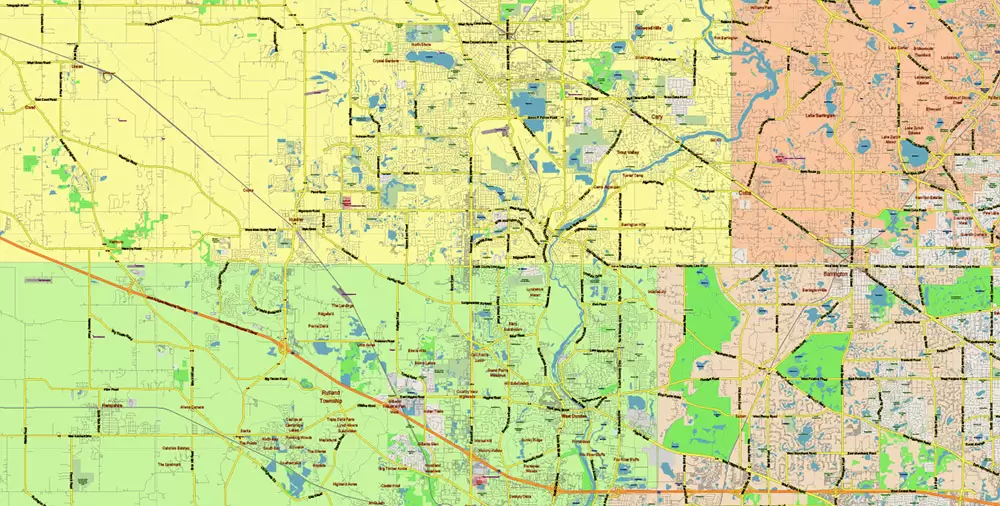 Chicago Illinois Metro Area US Vector Map: Full Extra High Detailed (all roads, railroads and railway stations, airports) + Counties Areas editable Adobe Illustrator in layers