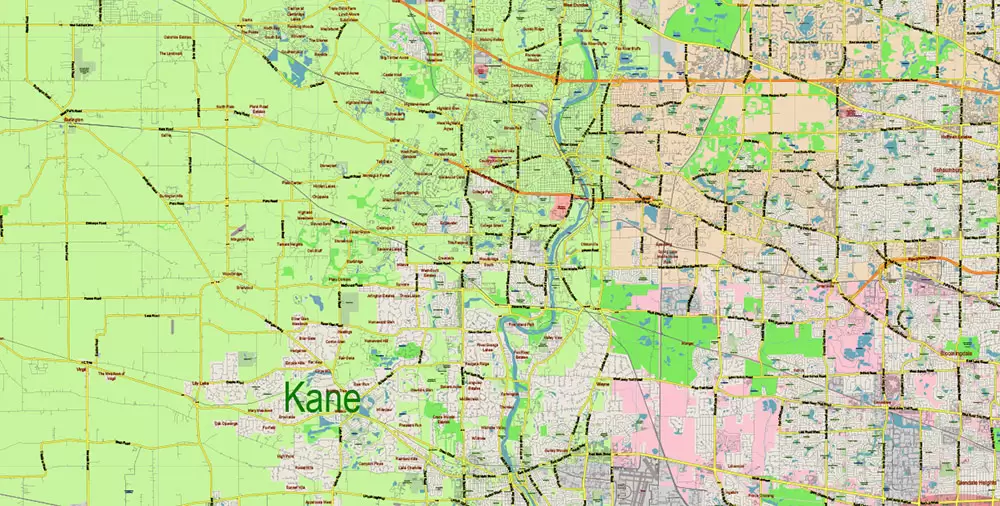 Chicago Illinois Metro Area US Vector Map: Full Extra High Detailed (all roads, railroads and railway stations, airports) + Counties Areas editable Adobe Illustrator in layers