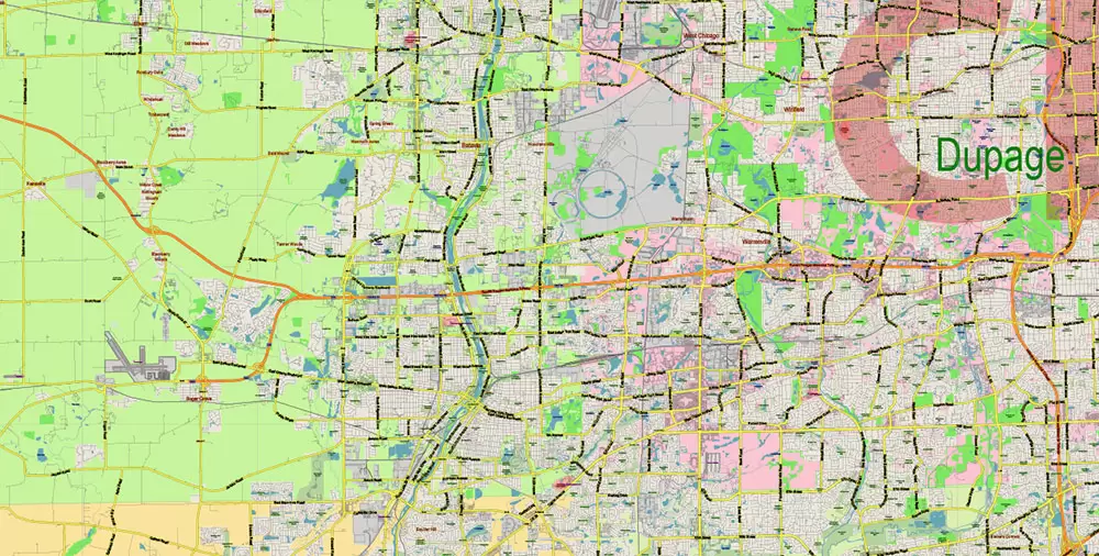 Chicago Illinois Metro Area US Vector Map: Full Extra High Detailed (all roads, railroads and railway stations, airports) + Counties Areas editable Adobe Illustrator in layers