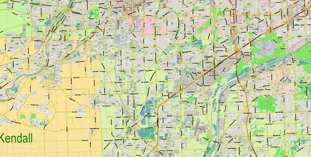 Chicago Illinois Metro Area US Vector Map: Full Extra High Detailed (all roads, railroads and railway stations, airports) + Counties Areas editable Adobe Illustrator in layers