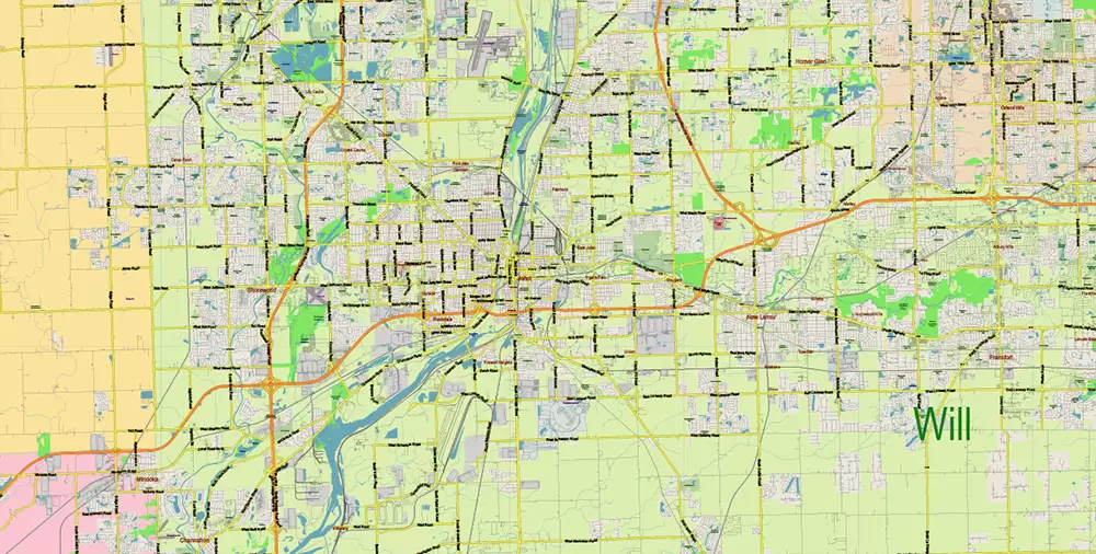 Chicago Illinois Metro Area US Vector Map: Full Extra High Detailed (all roads, railroads and railway stations, airports) + Counties Areas editable Adobe Illustrator in layers