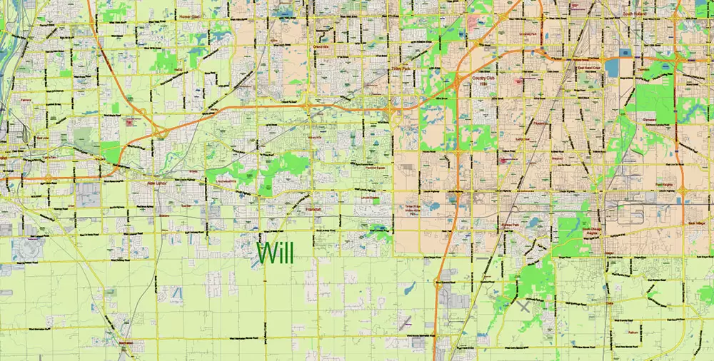 Chicago Illinois Metro Area US Vector Map: Full Extra High Detailed (all roads, railroads and railway stations, airports) + Counties Areas editable Adobe Illustrator in layers