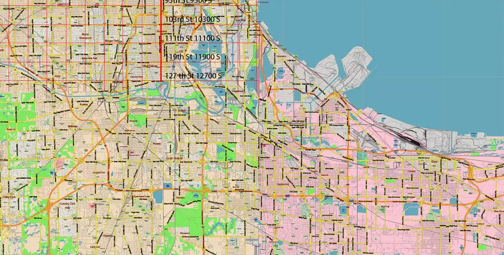 Chicago Illinois Metro Area US Vector Map: Full Extra High Detailed (all roads, railroads and railway stations, airports) + Counties Areas editable Adobe Illustrator in layers