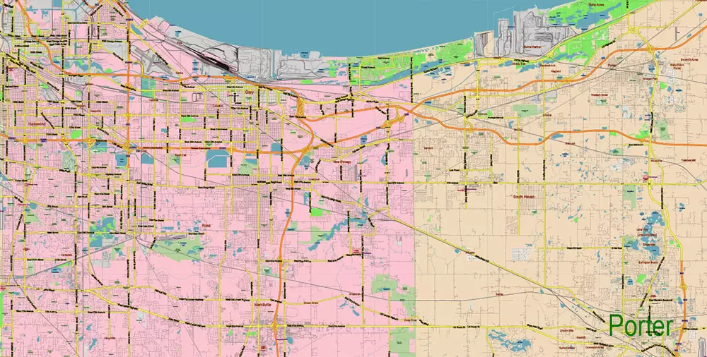 Chicago Illinois Metro Area US Vector Map: Full Extra High Detailed (all roads, railroads and railway stations, airports) + Counties Areas editable Adobe Illustrator in layers