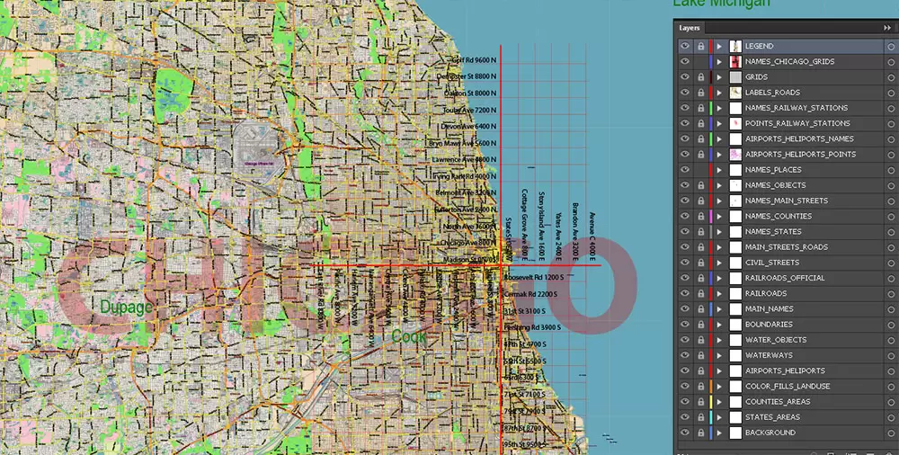 Chicago Illinois Metro Area US Vector Map: Full Extra High Detailed (all roads, railroads and railway stations, airports) + Counties Areas editable Adobe Illustrator in layers
