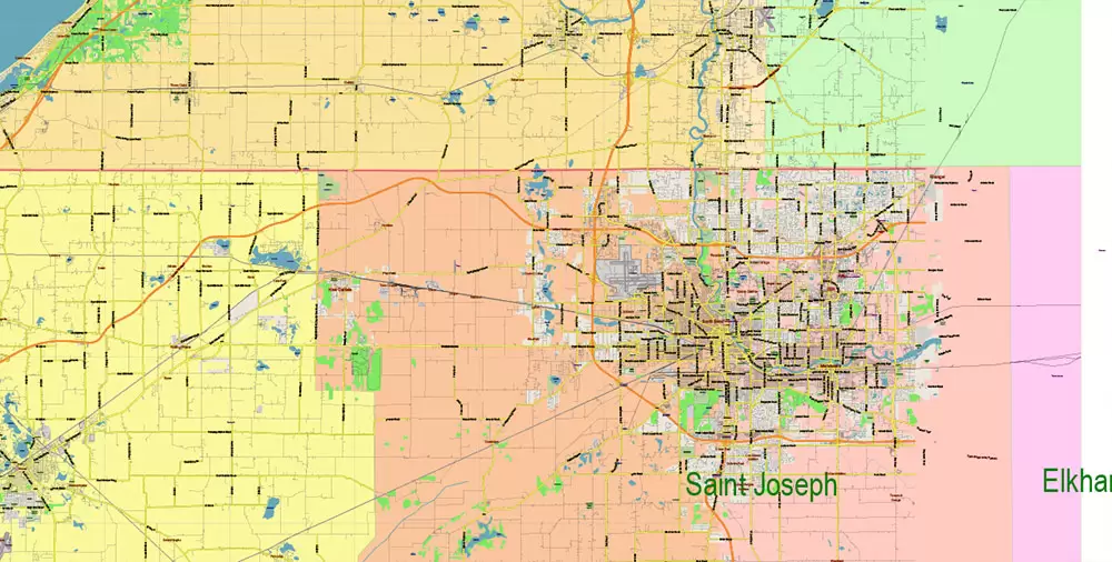 Chicago Illinois Metro Area US Vector Map: Full Extra High Detailed (all roads, railroads and railway stations, airports) + Counties Areas editable Adobe Illustrator in layers