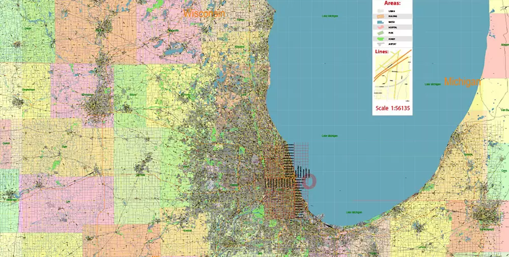 Chicago Illinois Metro Area US Vector Map: Full Extra High Detailed (all roads, railroads and railway stations, airports) + Counties Areas editable Adobe Illustrator in layers