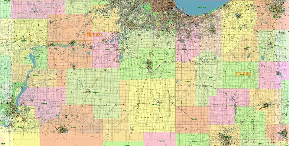 Chicago Illinois Metro Area US Vector Map: Full Extra High Detailed (all roads, railroads and railway stations, airports) + Counties Areas editable Adobe Illustrator in layers