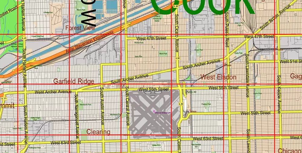 Chicago Illinois Metro Area US Vector Map: Full Extra High Detailed (all roads, railroads and railway stations, airports) + Counties Areas editable Adobe Illustrator in layers