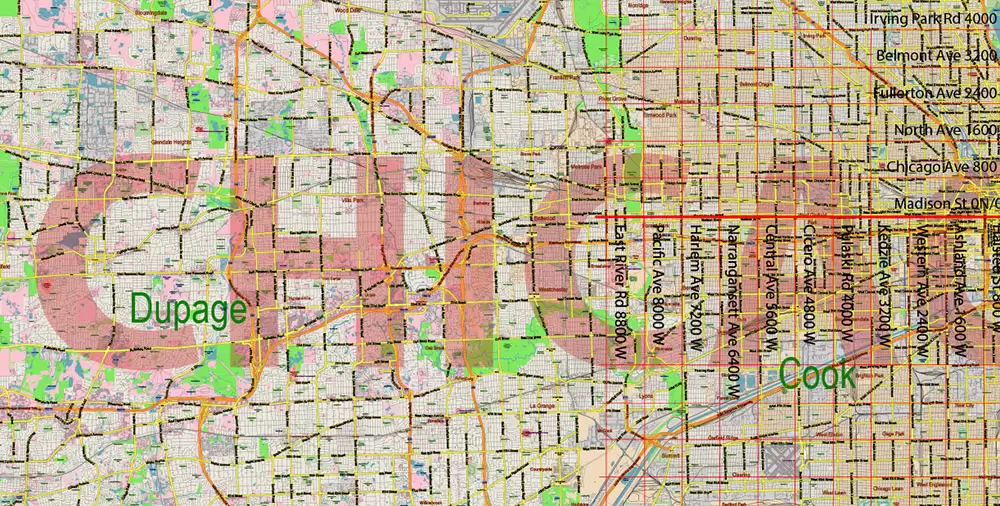 Chicago Illinois Metro Area US Vector Map: Full Extra High Detailed (all roads, railroads and railway stations, airports) + Counties Areas editable Adobe Illustrator in layers