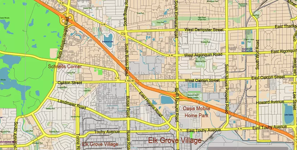 Chicago Illinois Metro Area US Vector Map: Full Extra High Detailed (all roads, railroads and railway stations, airports) + Counties Areas editable Adobe Illustrator in layers