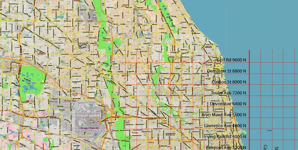 Chicago Illinois Metro Area US Vector Map: Full Extra High Detailed (all roads, railroads and railway stations, airports) + Counties Areas editable Adobe Illustrator in layers