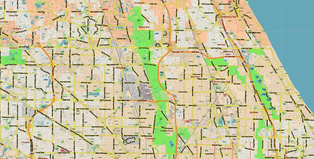 Chicago Illinois Metro Area US Vector Map: Full Extra High Detailed (all roads, railroads and railway stations, airports) + Counties Areas editable Adobe Illustrator in layers
